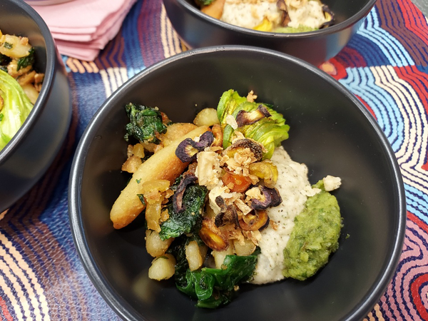 Bunya Nut Gnocchi with Lemon Myrtle Butter on Macadamia Tarator - My Dilly Bag