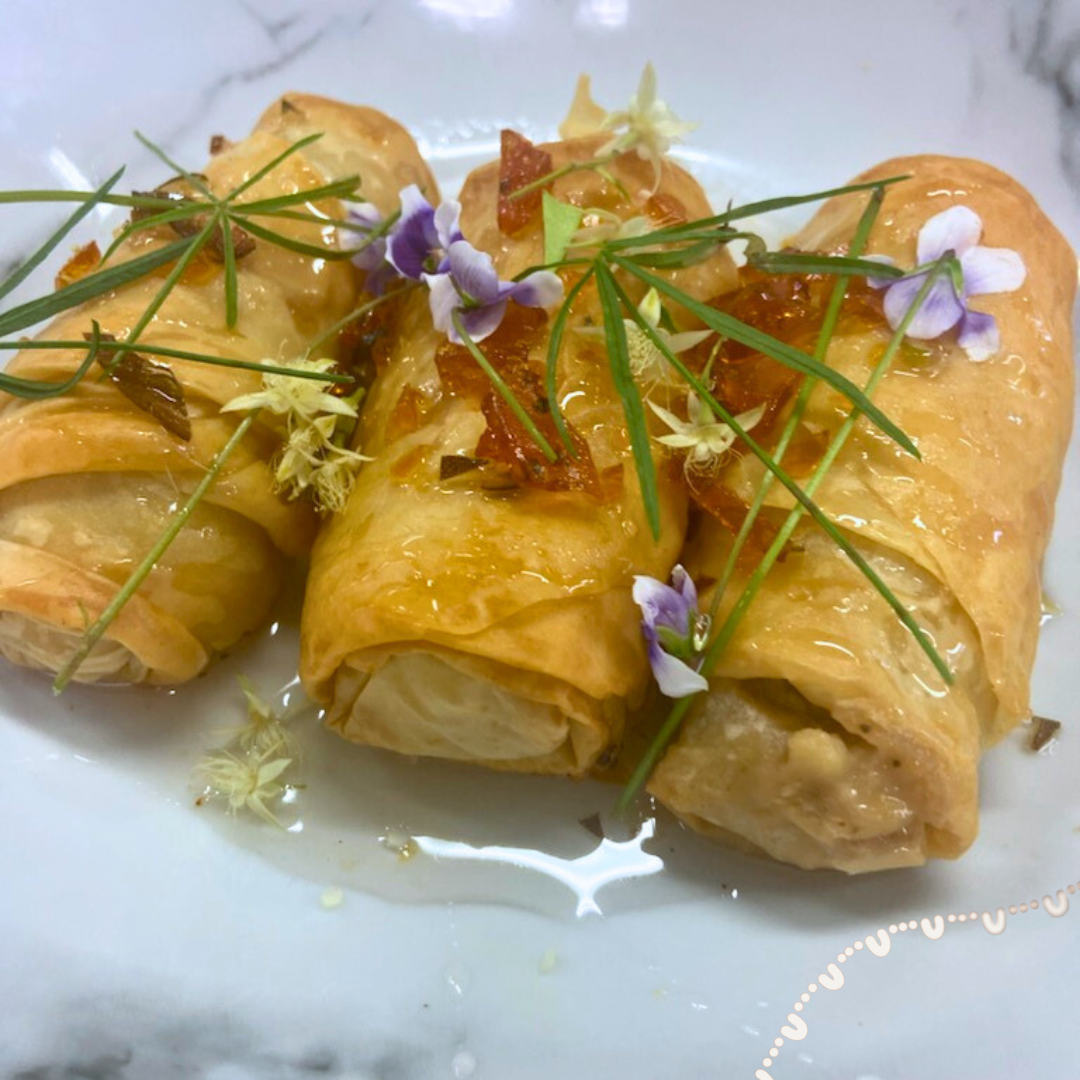Cinnamon Myrtle Custard Filo Cigars with Wild Lime Syrup and Macadamia Praline by Kara Pulou