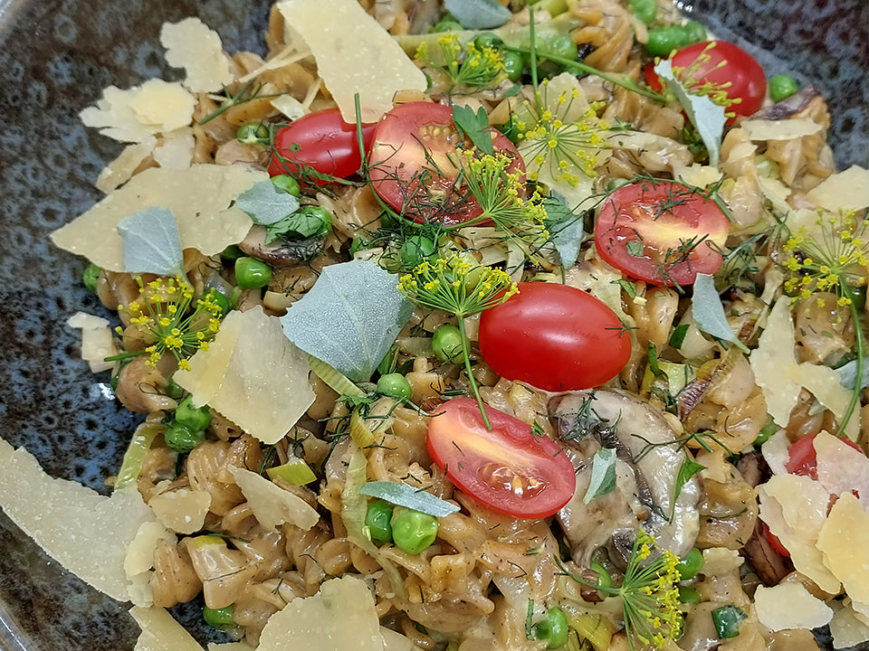Gluten Free Mushroom & Leek Creamy Fusilli Pasta with Native Thyme