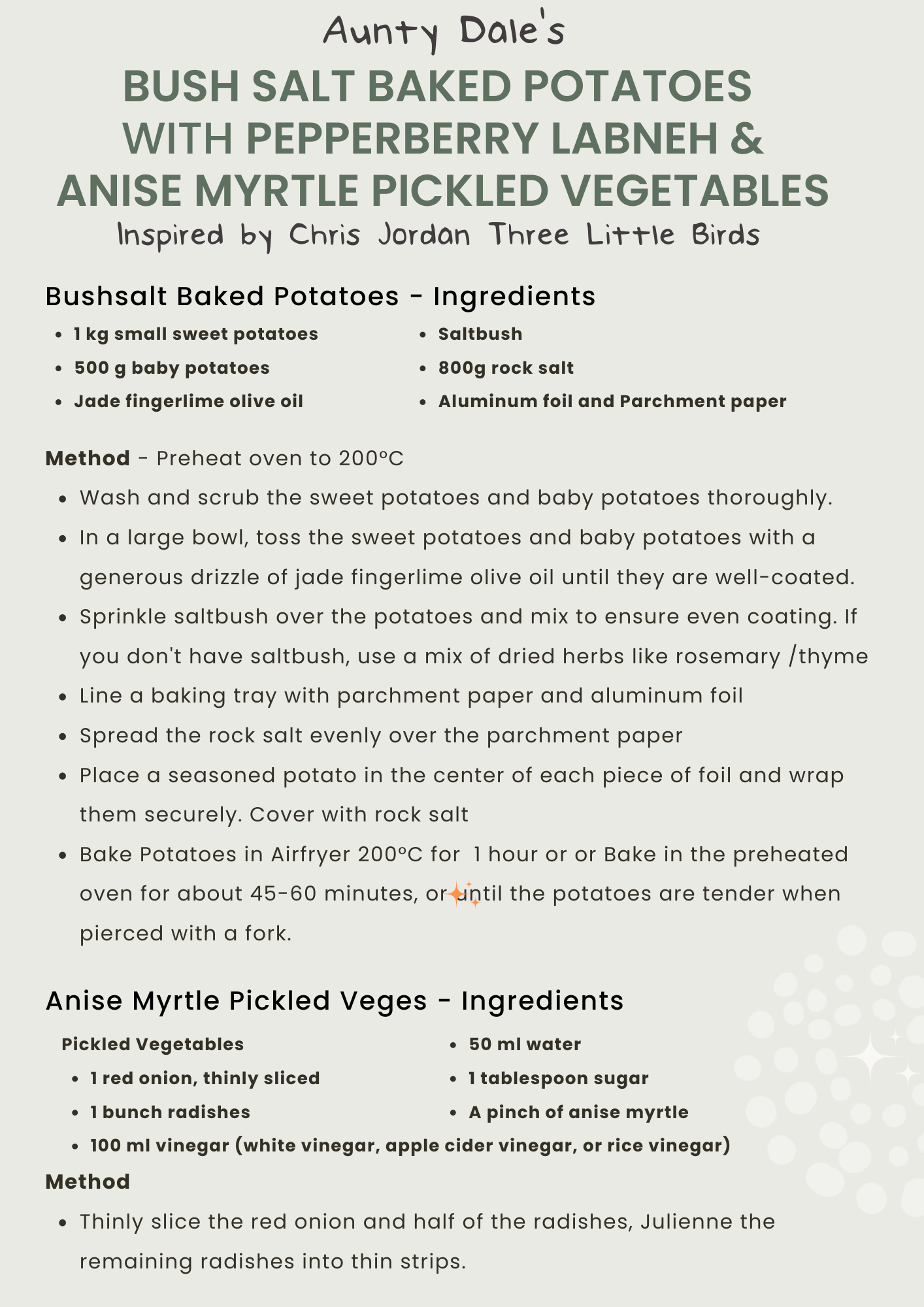 RECIPE BUNDLE -  Salt Baked Potatoes, Pepperberry Labneh &amp; Anise Myrtle Pickled Vegetables